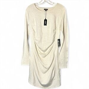 Express Bodycon‎ Long Sleeve Mini Dress Ruched Shimmer Champagne Size L NWT